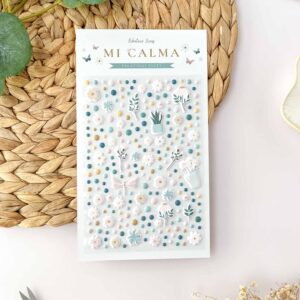 Set de pegatinas Puffy Mi Calma con flores, jarrones, libélula y círculos en colores suaves para scrapbooking.