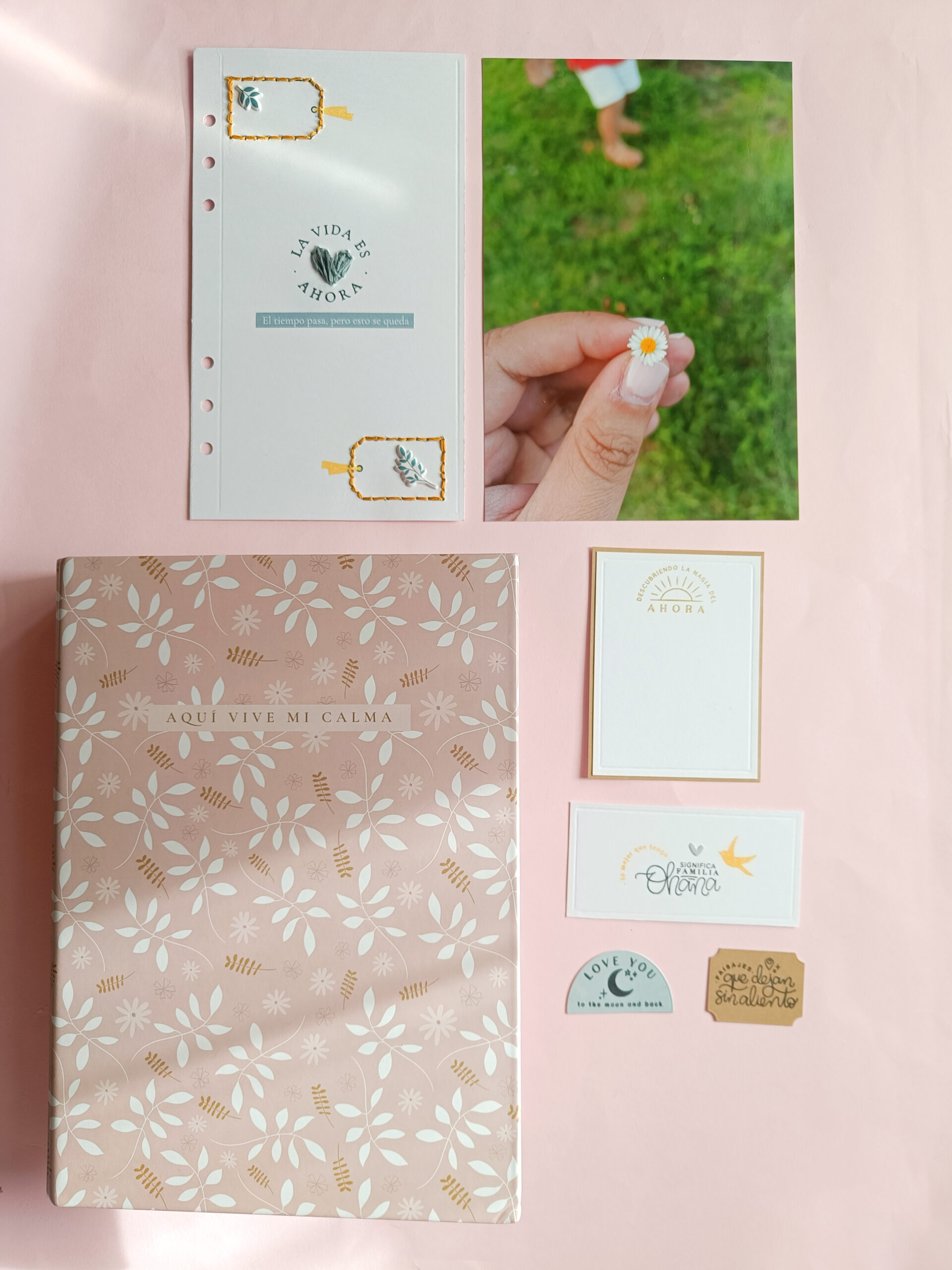 Páginas de scrapbooking en un álbum de anillas de 6 anillas decorado con bordado, vellum y sellos, perfecto para documentar recuerdos especiales.