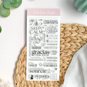 Sello acrílico Gratitud con frases inspiradoras sobre gratitud y detalles decorativos para scrapbooking y journaling