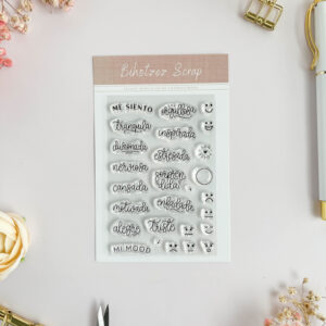 Sello acrílico emociones para scrapbooking con palabras y caritas.