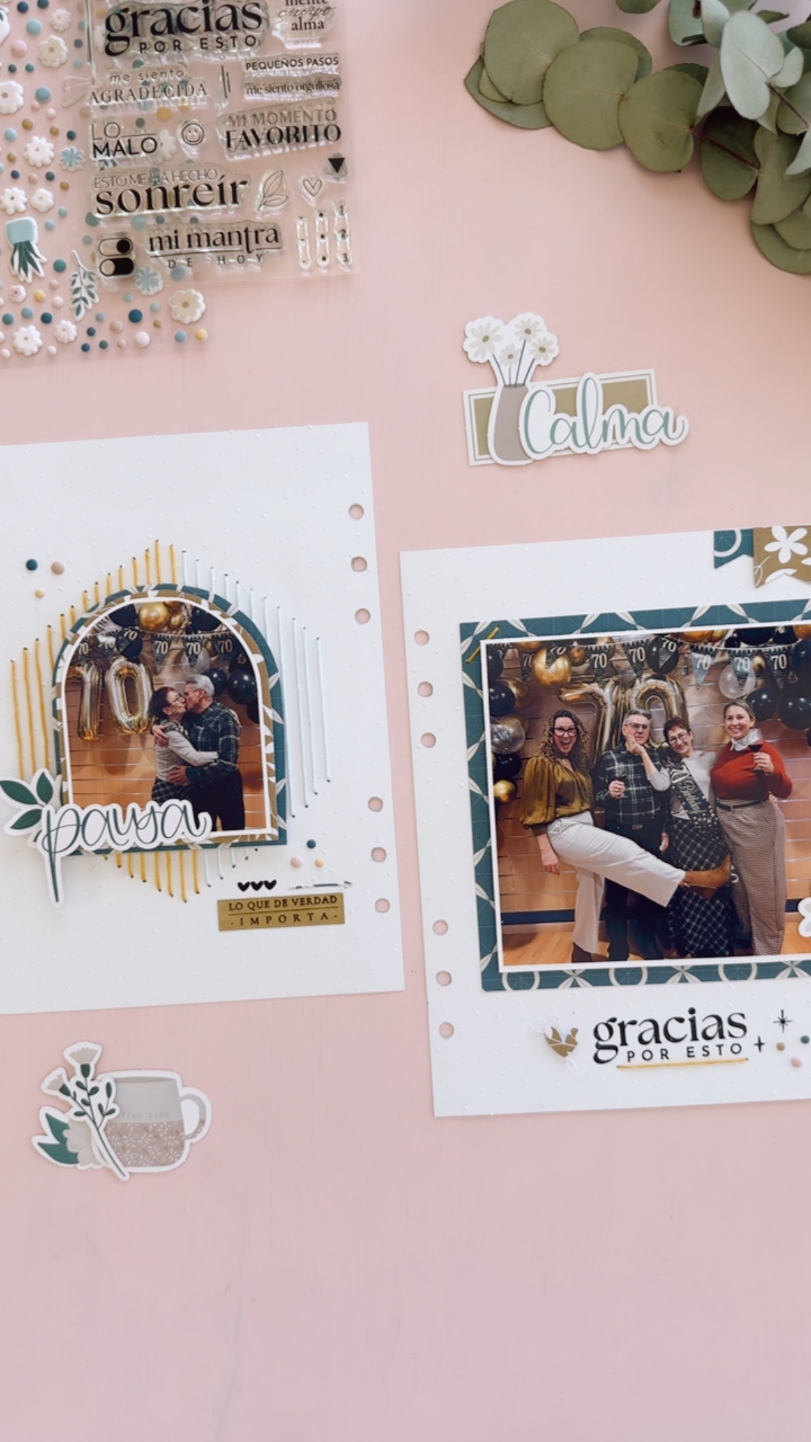 Detalle de scrapbooking con sellos y troqueles Mi Calma
