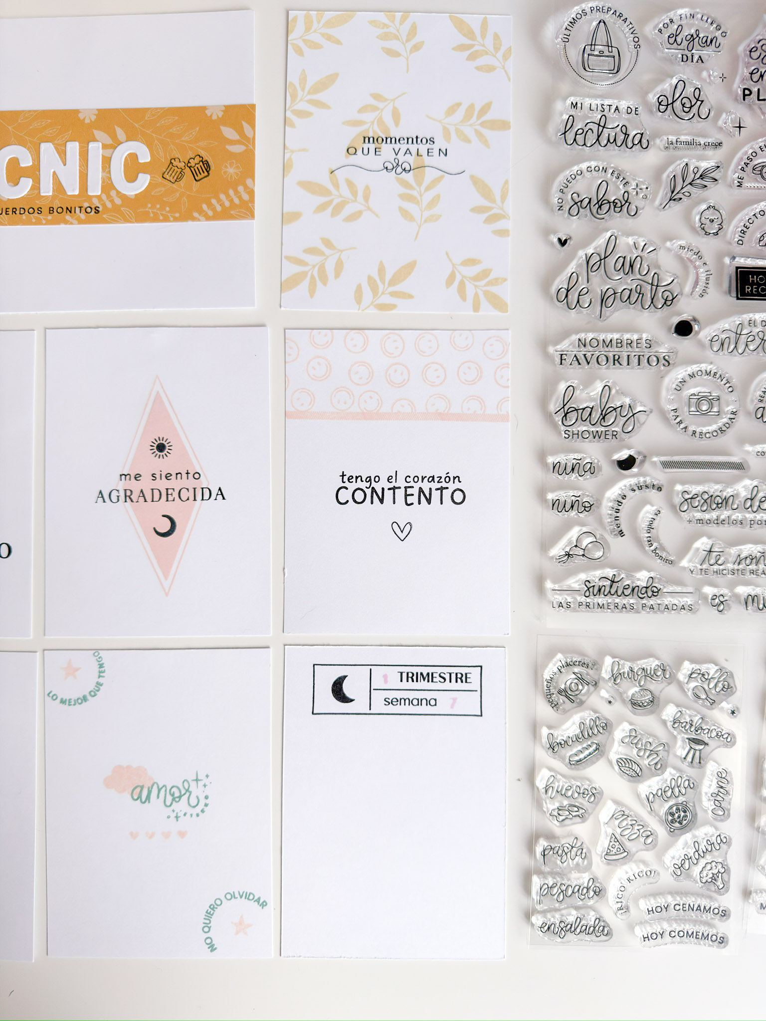     Detalle de un diario de embarazo decorado con tarjetas Project Life, sellos y die cuts de la colección Antes de Verte.
